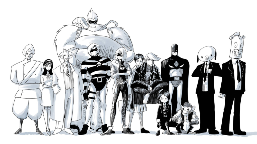 Comic book art for The Umbrella Academy's core ensemble by Gabriel Bá