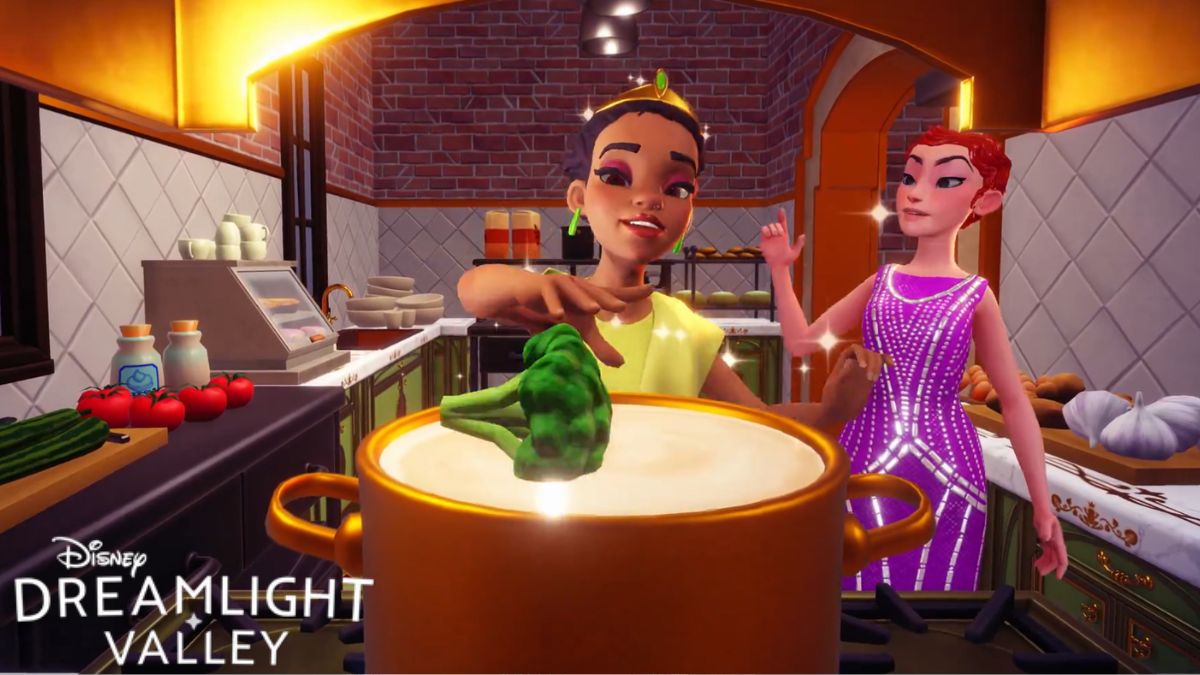 Tiana in Disney Dreamlight Valley, throwing ingredients into a cooking pot