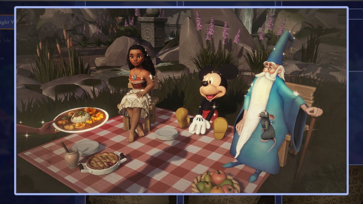 Screenshot of Disney Dreamlight Valley showing Moana, Mickey, Merlin, and Remy at a picnic