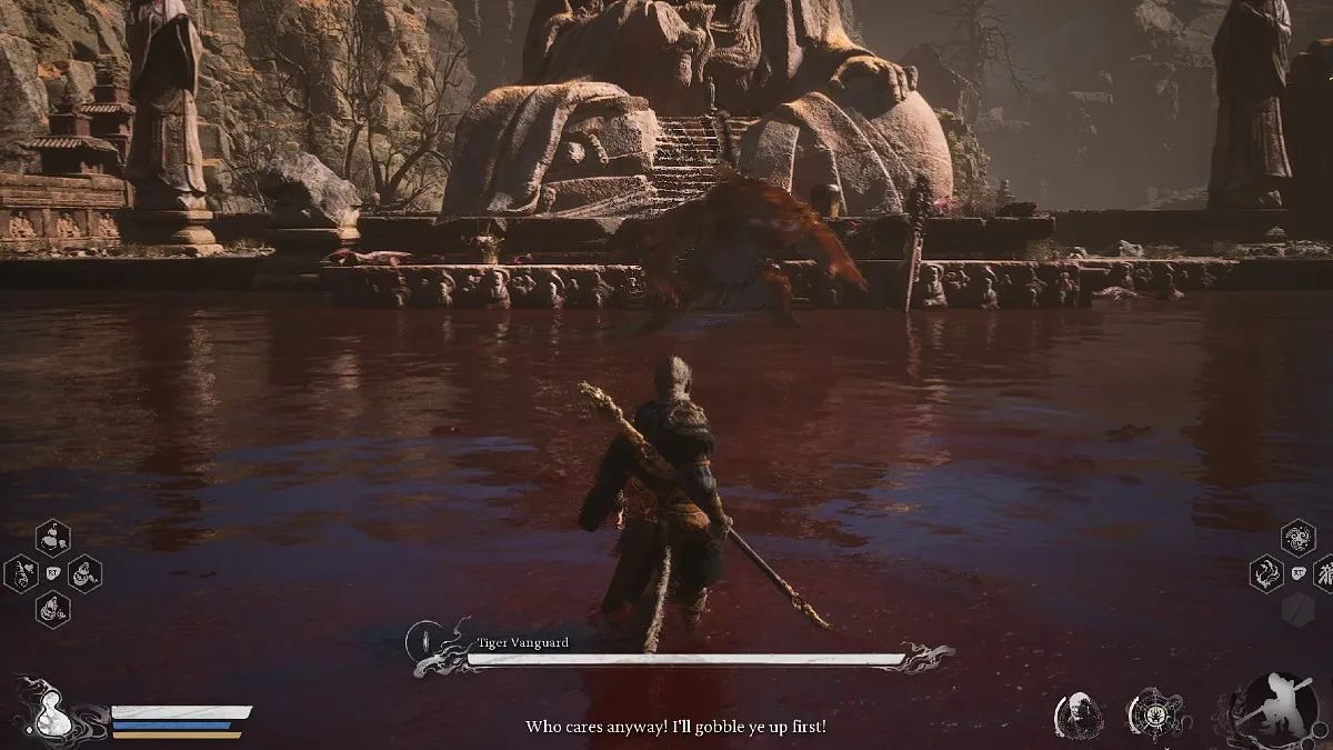 Tiger Vanguard fight in Black Myth: Wukong, with Wukong looking at the tiger as he stands on a shallow pool of red water