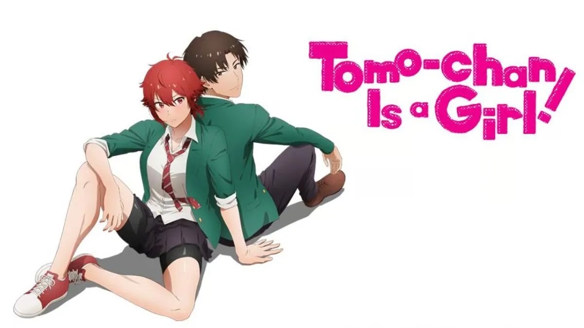 Series banner for Tomo-Chan is a Girl! anime featuring the two main characters sitting back to back