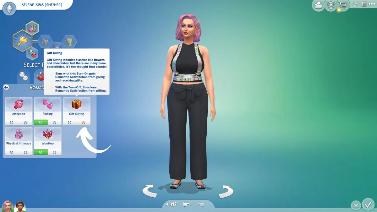 Screenshot of Create a Sim with an arrow showing how to toggle attraction turn ons and turn offs in Sims 4 lovestruck