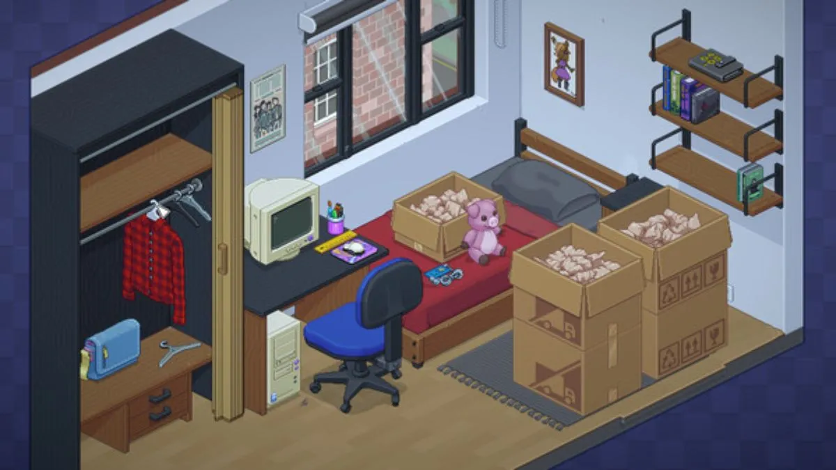 Screenshot of a half-unpacked bedroom from the game Unpacked