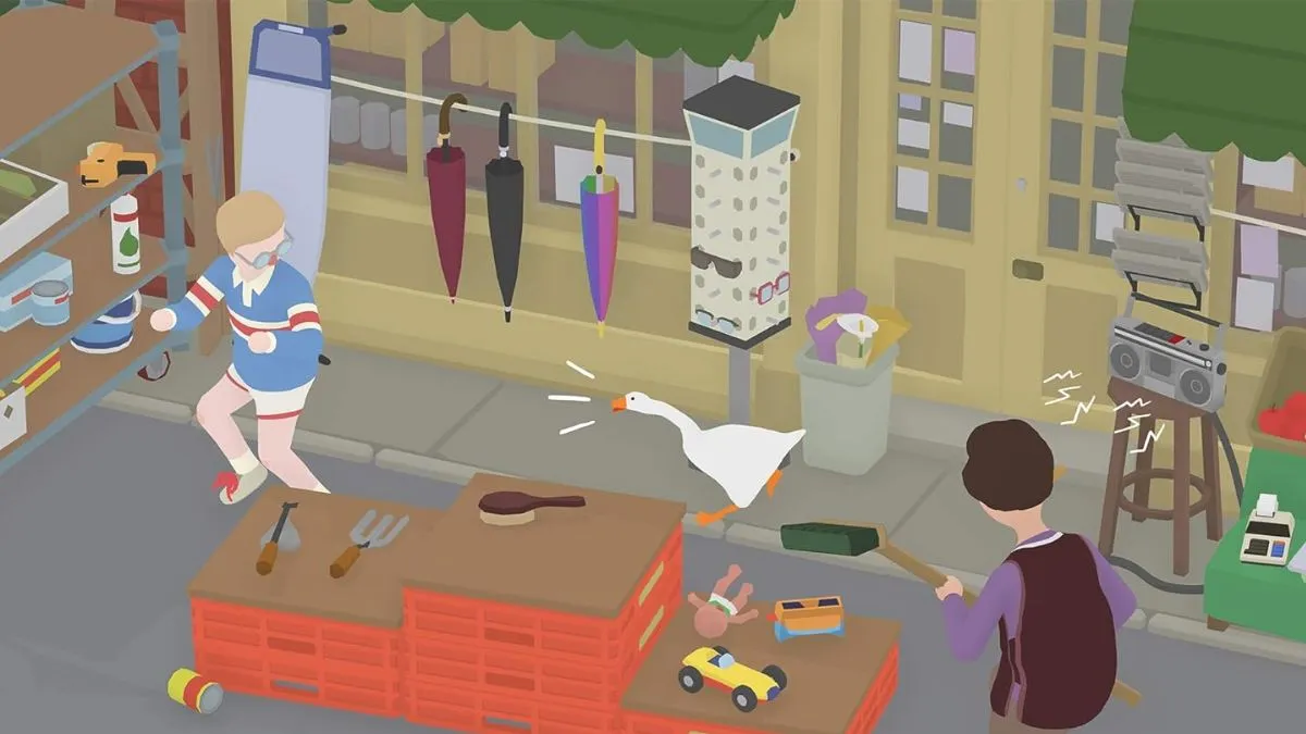 Screenshot from Untitled Goose Game, showing a goose harrassing local shopkeepers by honking loudly