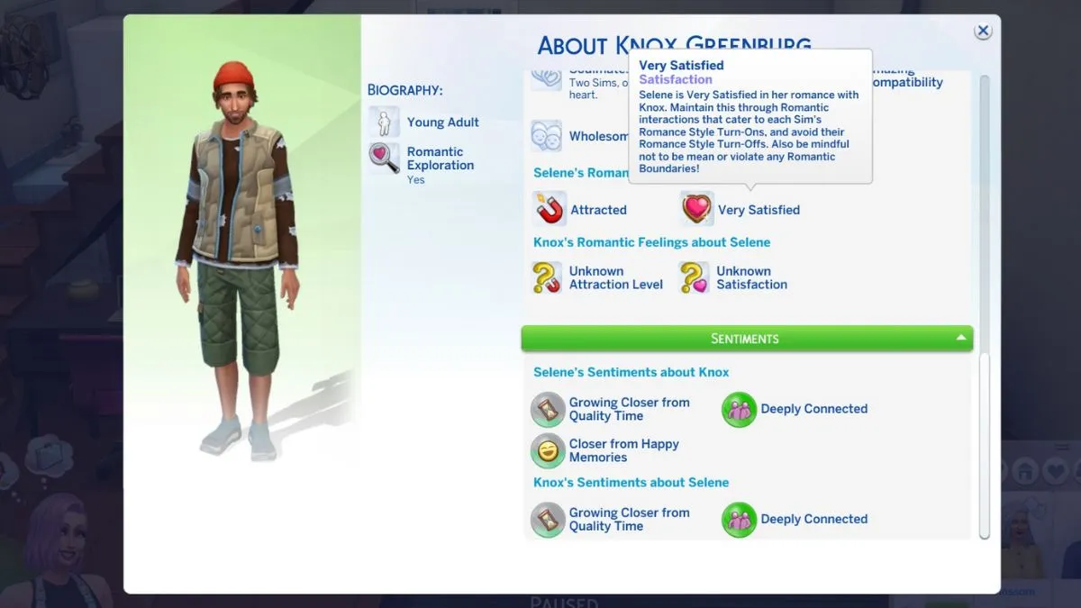 Screenshot showing the text for the Very Satisfied Romantic Satisfaction level in The Sims 4 Lovestruck