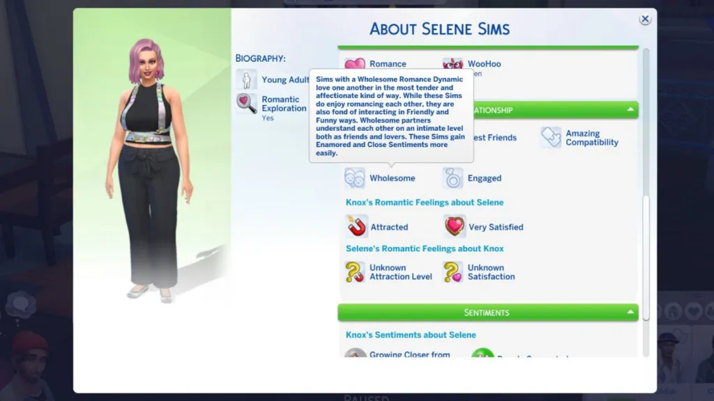 Screenshot of the relationship panel in The Sims 4 lovestruck, showing where to review romance dynamics