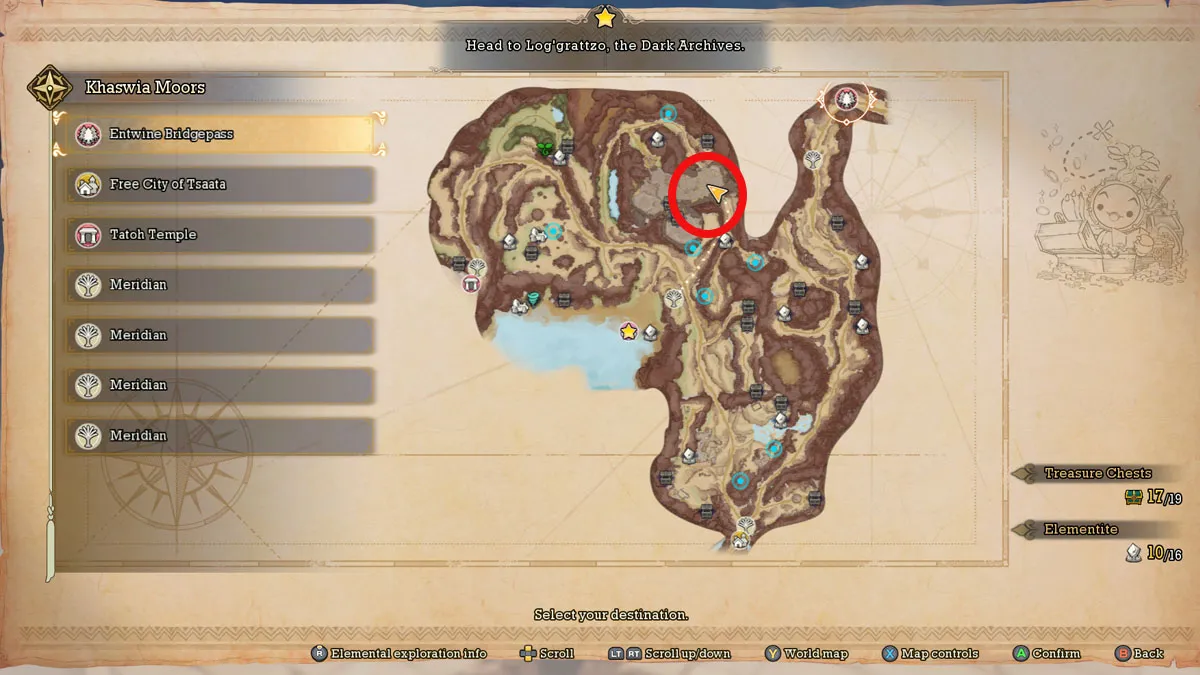 Image of a map in Visions of Mana which highlights the location of the Nemeses