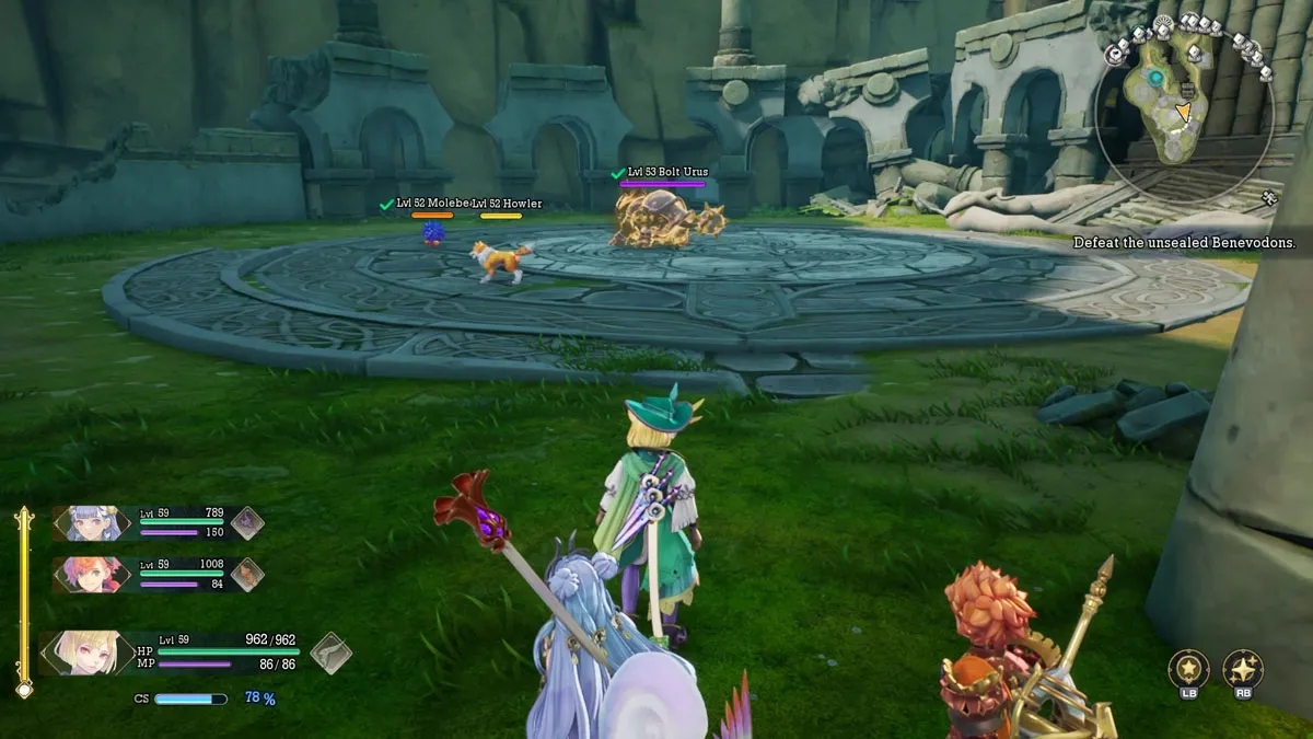 The player looks at a group of enemies hanging out on a circular stone floor outside