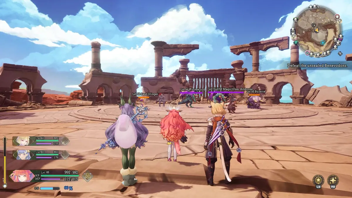 The player stares down three Nemeses on a ruined battle ground set against a blue sky