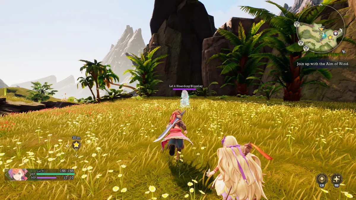 The player charges up a hill with yellow flowers towards the enemy