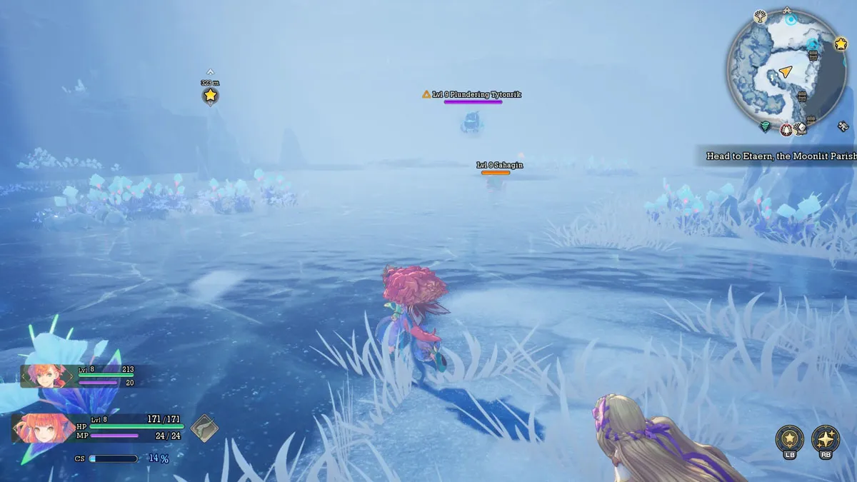 The player charges towards a Nemeses in an icy field in Visions of Mana