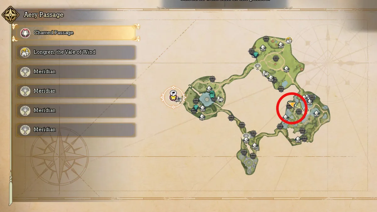 Image of a map in Visions of Mana which highlights the location of the Nemeses