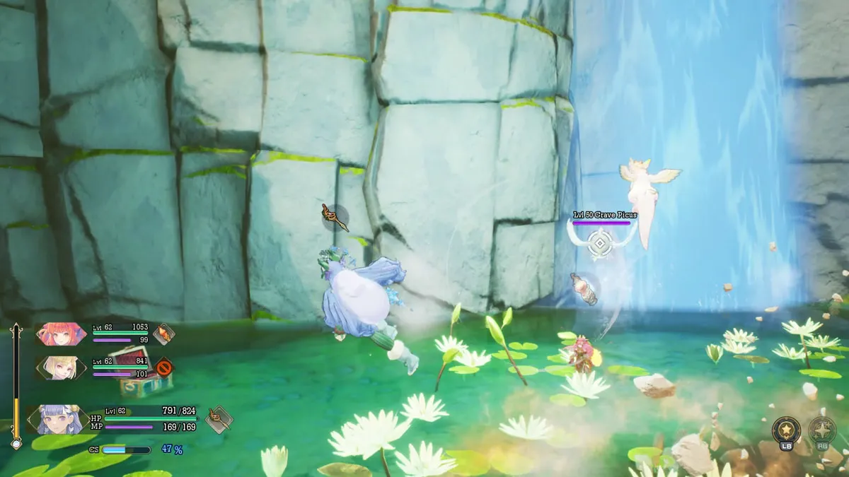 The player attacks a Nemeses beside a waterfall