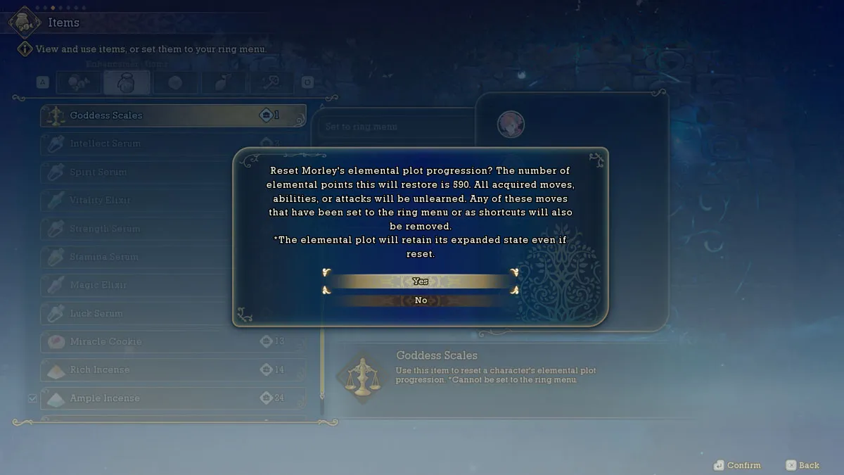 The reset screen in Visions of Mana as part of an article about how to respec.