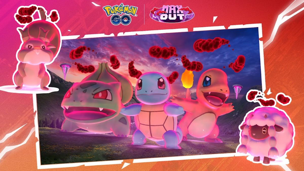 Image of several giant Pokemon surrounding by swirling red clouds, with the Pokemon GO logo above them