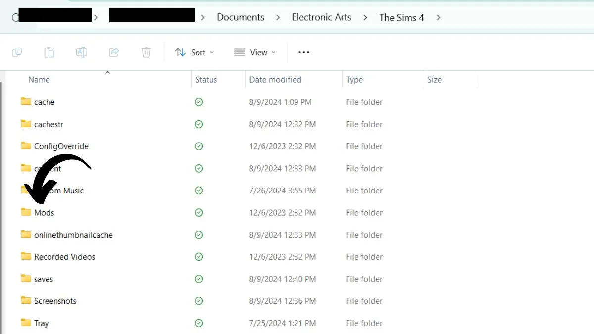 Screenshot of the file explorer on Windows, showing the location of the Sims 4 Mods folder