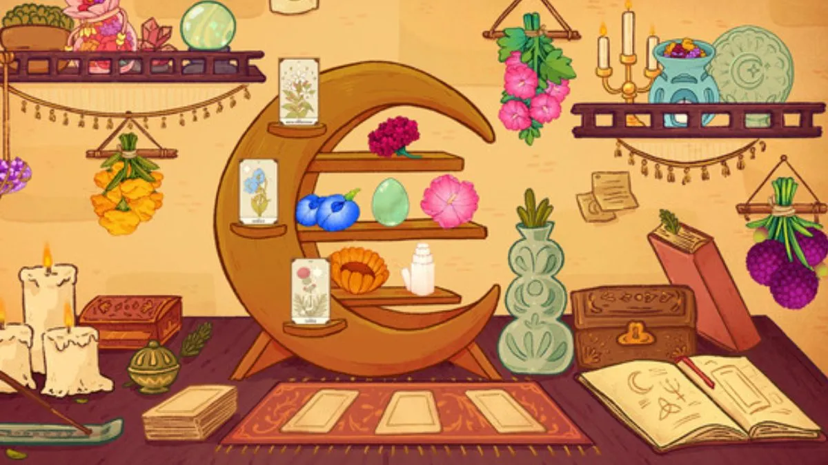 Image of an altar full of crystals and tarot cards from the game Witchy Life Story