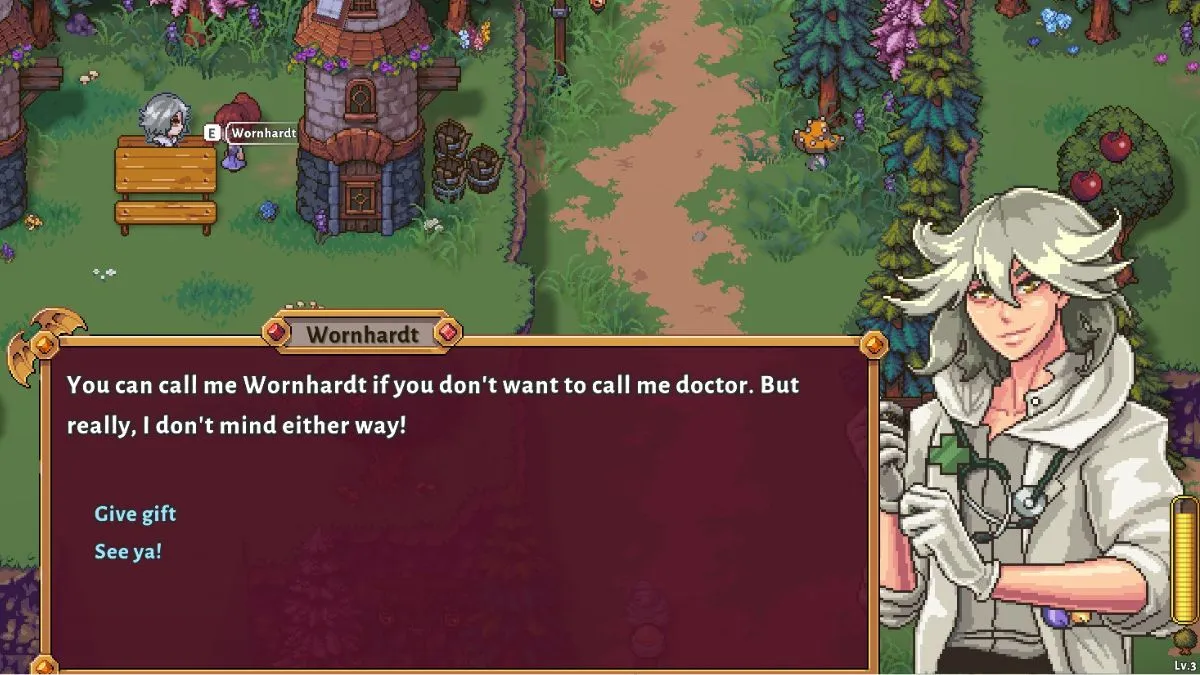 Introductory dialogue with the romanceable NPC Wornhardt in Sun Haven