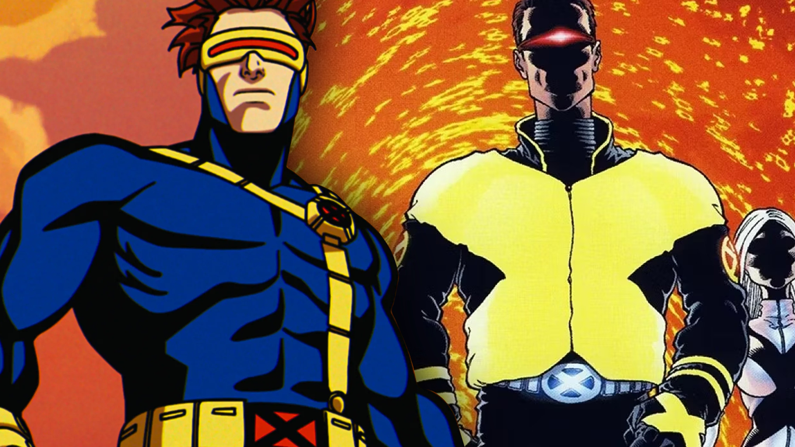 Combined imagery of Cyclops in X-Men '97 Season 1 and Cyclops and Emma Frost on the cover of New X-Men #114