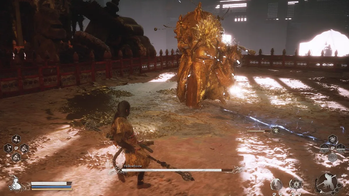 Yellowbrow boss fight in Black Myth: Wukong, with Wukong backing up from Yellowbrow in a temple balcony