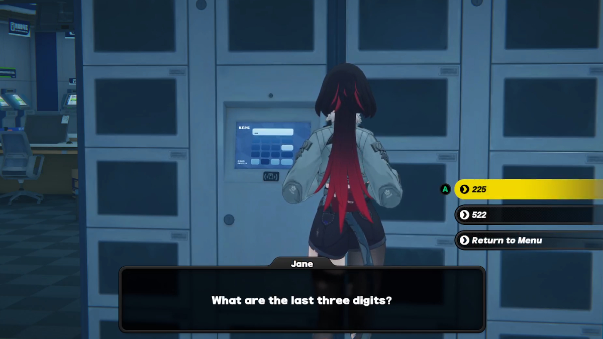 Image of Jane looking at a lock screen on a door in the police station with three password options available 