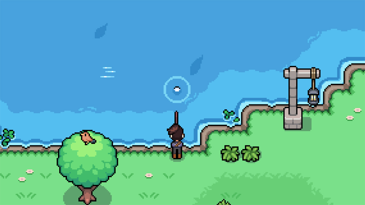 a header for fields of mistria showing the player fishing 2