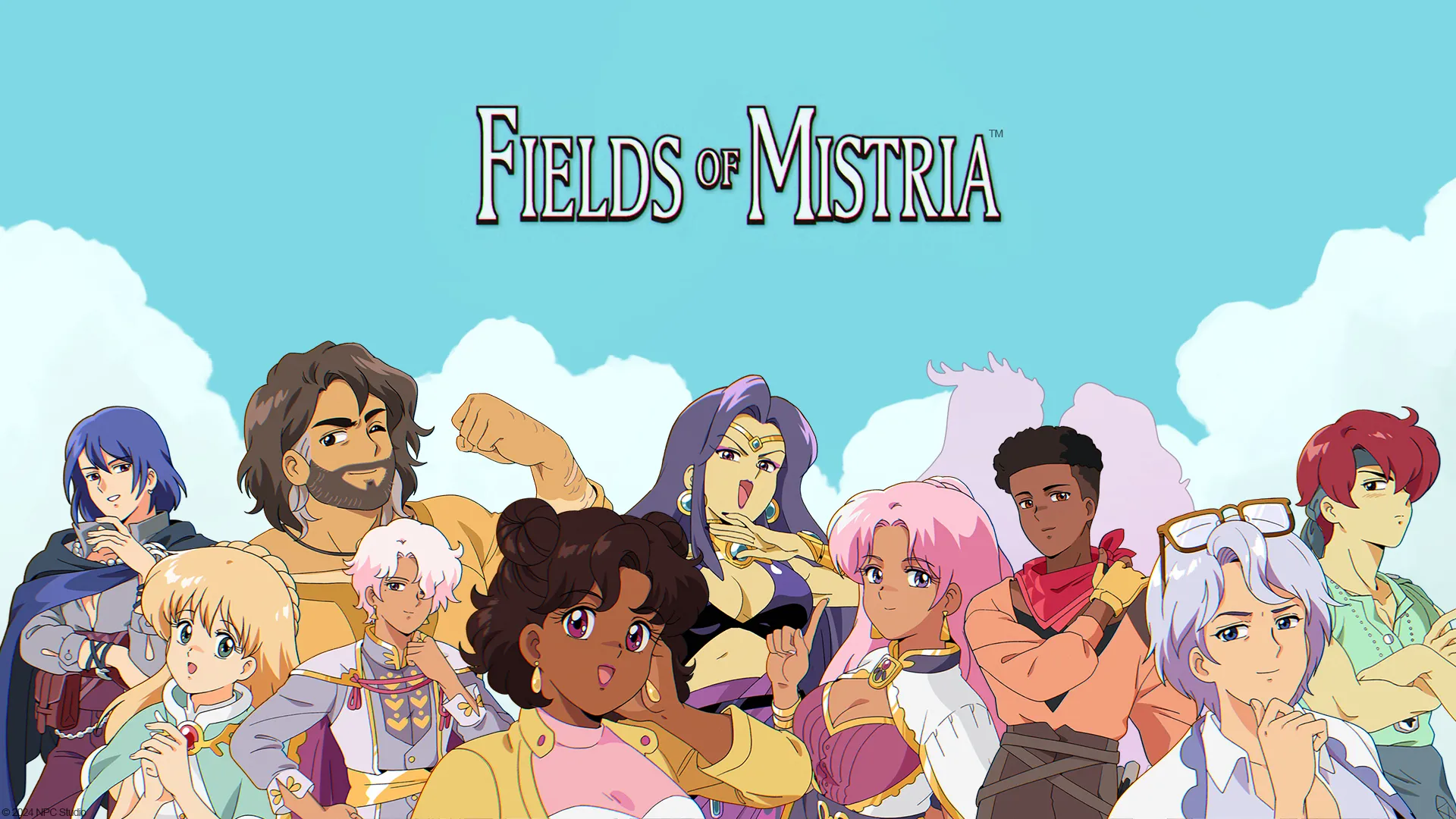 A header-sized image showing all the characters in Fields of Mistria against a cloudy backdrop as part of a review of the game.