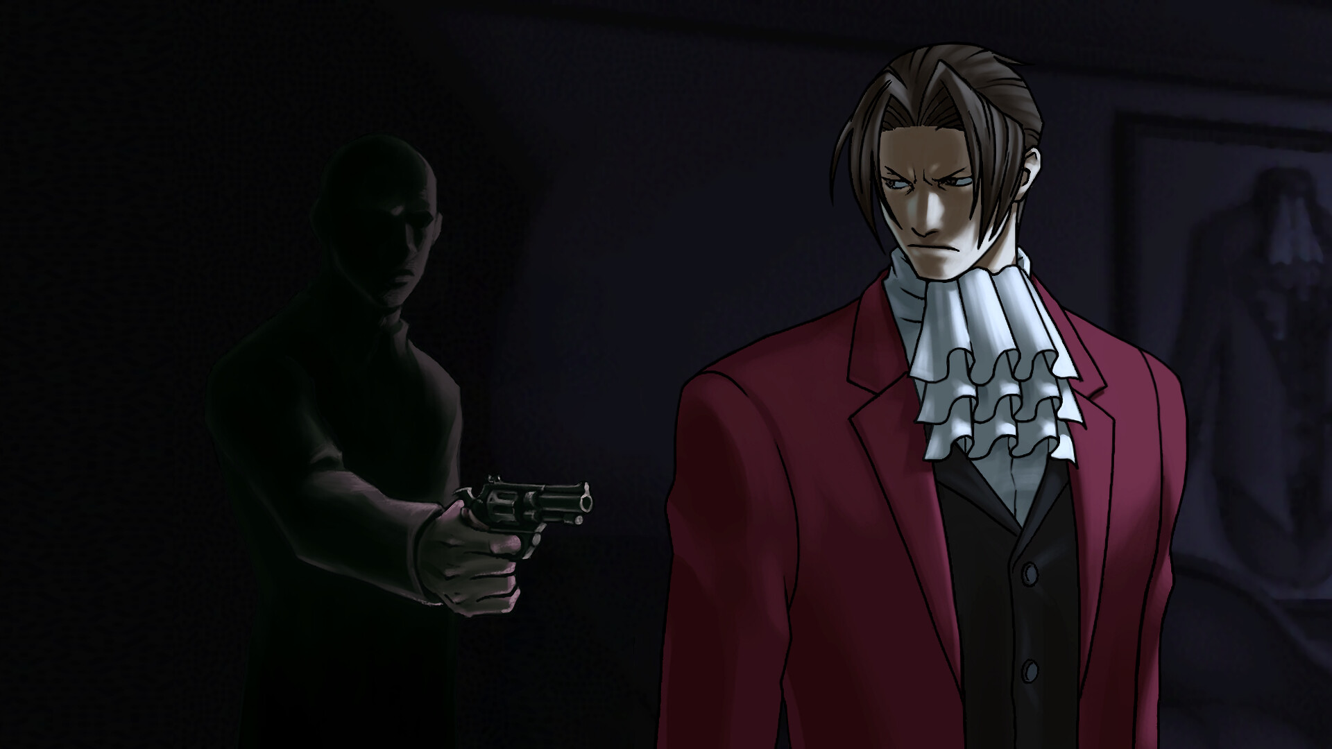 Ace Attorney Investigations, a shadowy figure holding a gun to protagonist MIles Edgeworth.