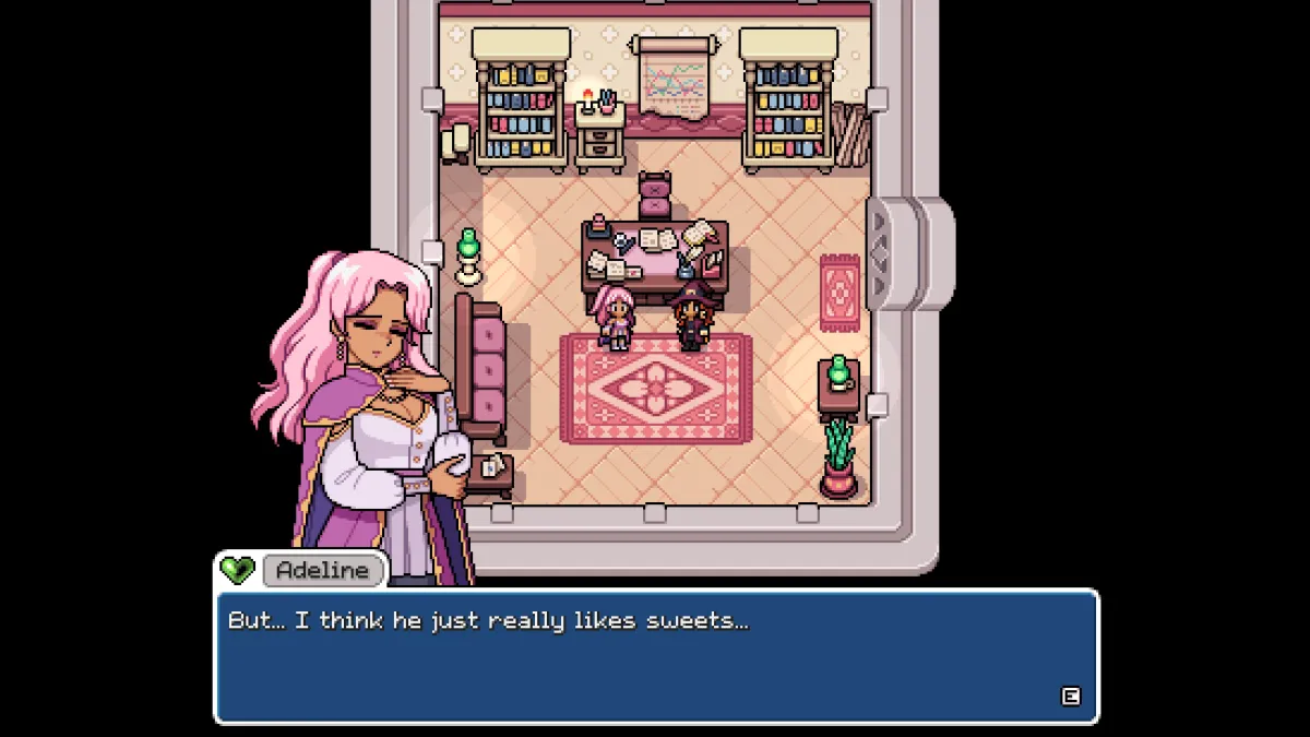 Image of Adeline in her office admitting that her brother's proposal is based on his love of cookies in Fields of Mistria