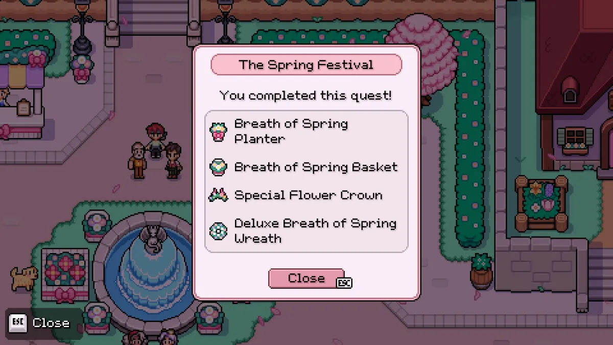 A Spring Festival menu pop up displaying "You completed this quest!" along with a series of floral-based items in Fields of Mistria