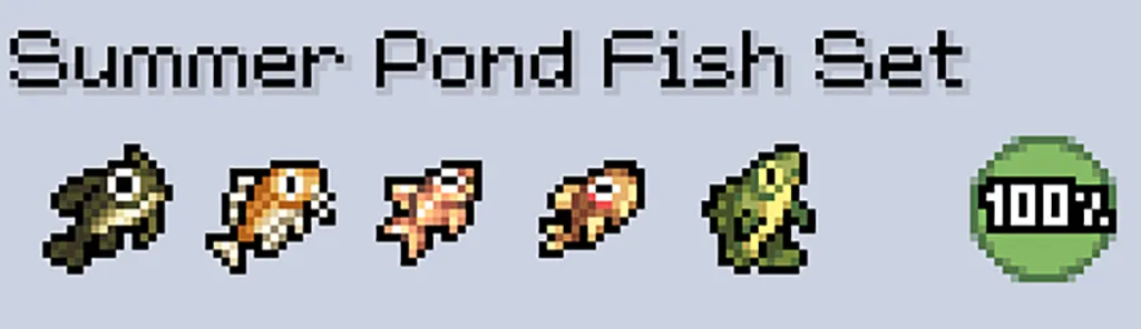 an image of the summer pond fish set in fields of mistria has part of a guide on how to get them in the game