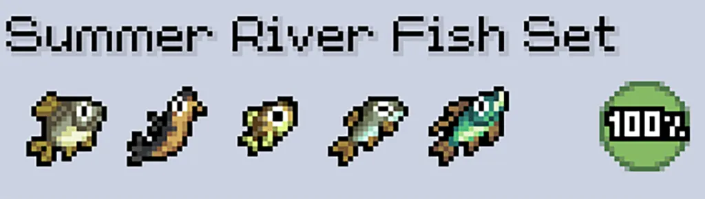 an image of the summer river fish set in fields of mistria has part of a guide on how to get them in the game