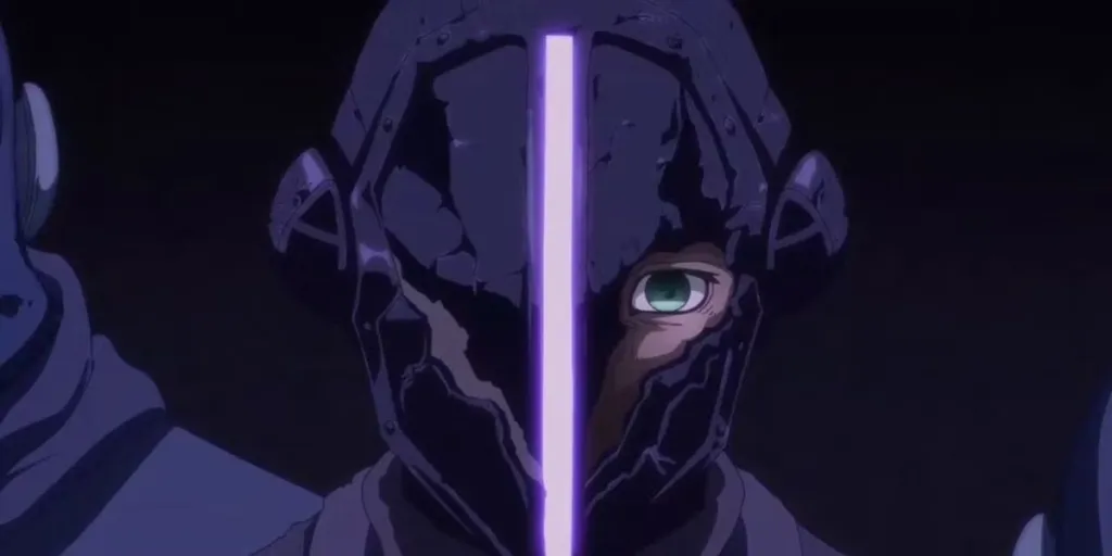 Bondrewd from Made in Abyss, staring at the viewer through a crack in their helmet