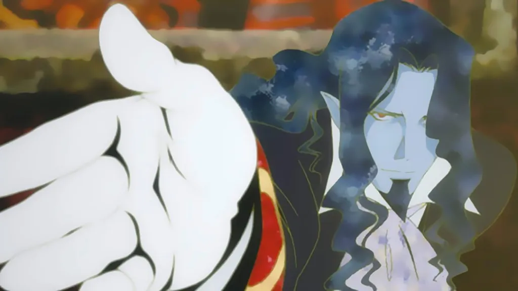 The Count of Monte Cristo from Gankutsuou: The Count of Monte Cristo, glowing blue and offering his hand