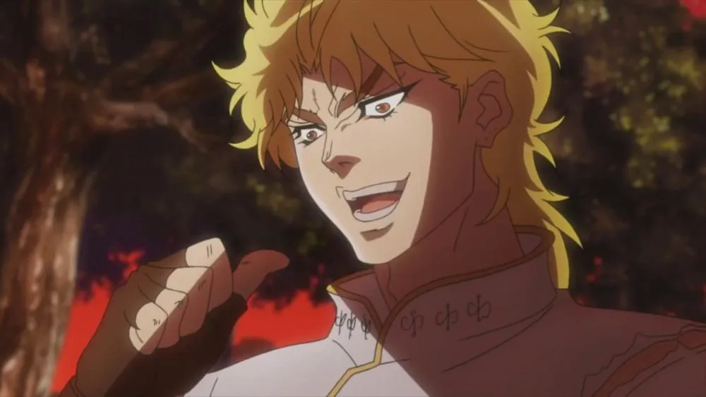 Dio Brando from Jojo's Bizarre Adventure, with Dio pointing at himself with a wild, sadistic look on his face