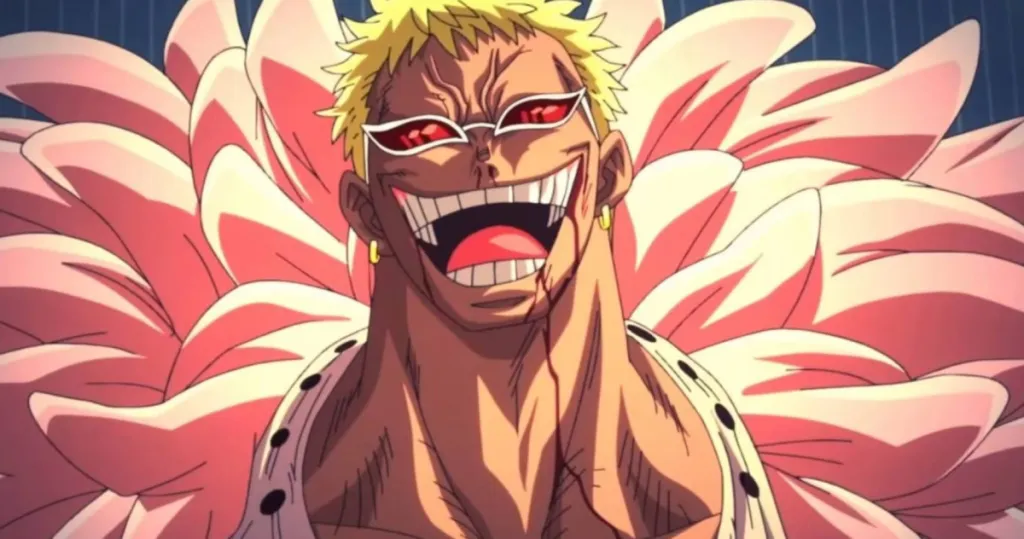 Doflamingo from One Piece, laughing with a massive grin on his face and a feather boa