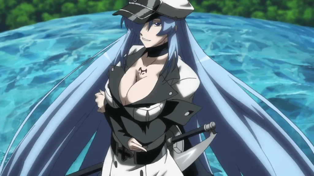 Esdeath from Akame ga Kill, crossing her arms under her chest and staring smugly at the viewer while on an ice platform