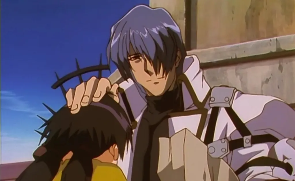 Legato Bluesummers from Trigun petting the head of a kid