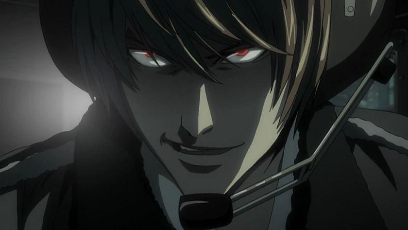 Light Yagami from Death Note, staring with murderous intent outside of a helicopter window with a headset on his head