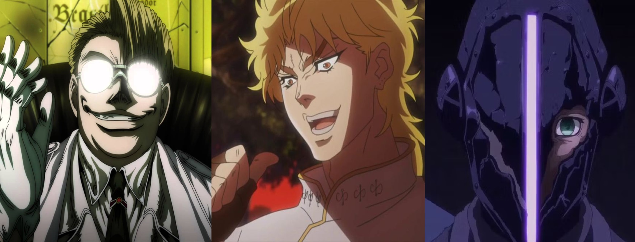 Anime villain header featuring Dio, The Major, and Bondrewd