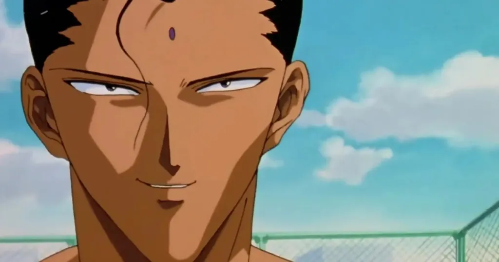 Shinobu Sensui from Yu Yu Hakusho smiling at someone with a blue sky in the background