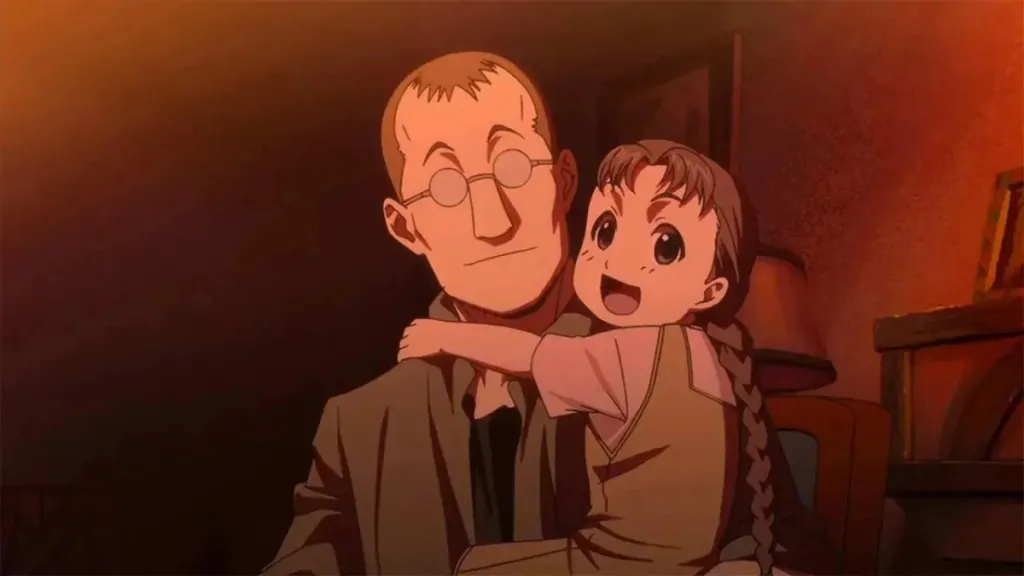 Shou Tucker from Fullmetal Alchemist holding up his daughter as he smiles