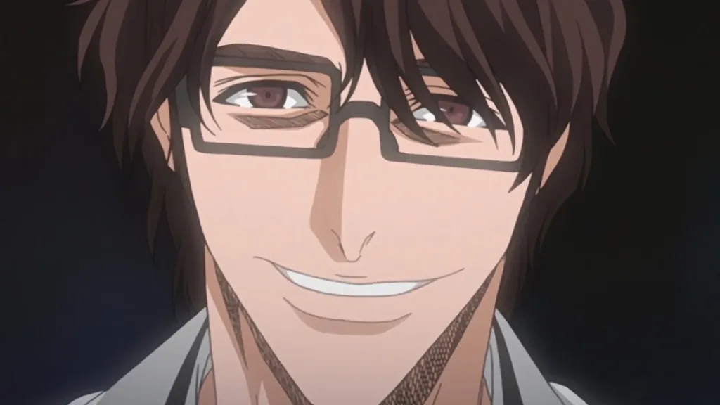 Sosuke Aizen from Bleach smiles against a black screen