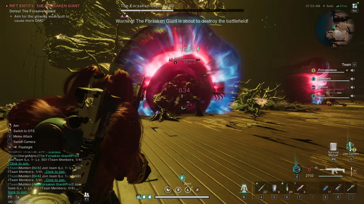 Image of a large glowing portal with an arbiter crawling out of it in Once Human