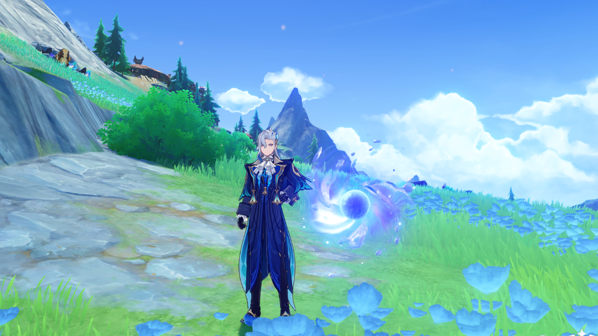 Image of Neuvillette standing in a grassy field with blue flowers, a glowing blue orb beside him in Genshin Impact, using Pneuma & Ousia energy