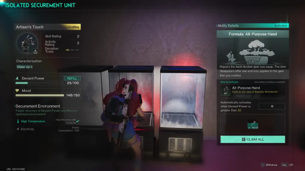 Image of the player examining the Artisan's Touch Deviant in Once Human, in a menu displaying its stats