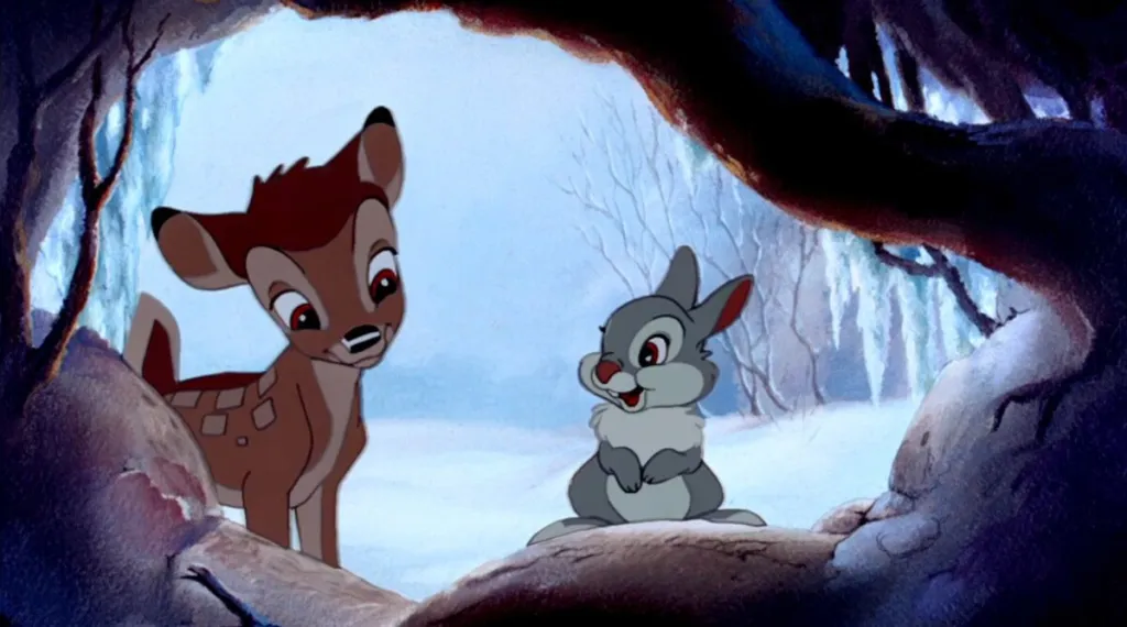 Bambi and Thumper in the snowy forest