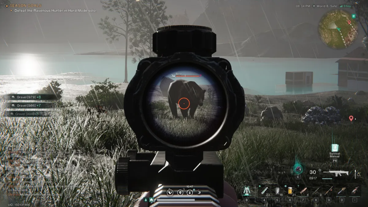 Image of the player looking down their gun sights at a female bear in Once Human 