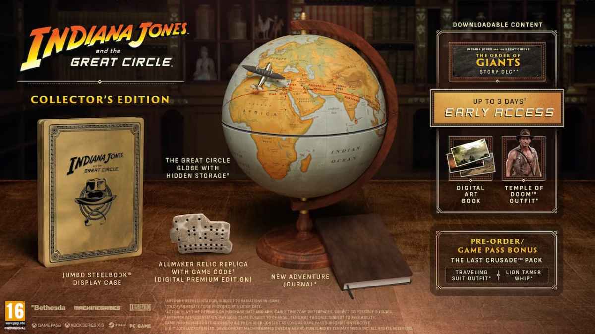 The Collector's Edition of Indiana Jones and the Great Circle, featuring a glove and a diary on a desk