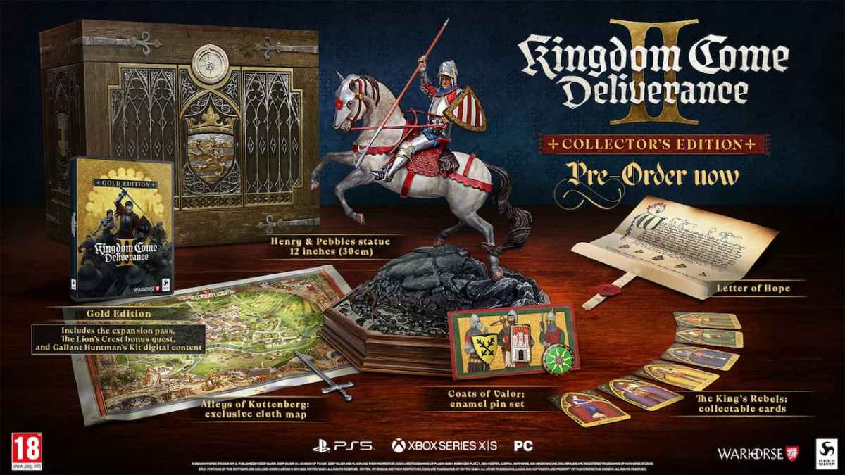 The collector's edition of Kingdom Come 2 Deliverance, with a statue of Henry on his horse and more. 